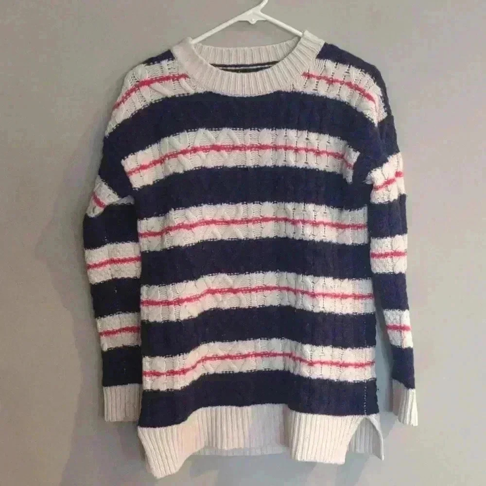 J. Crew cable knit stripe navy cream orange crewneck sweater women's small